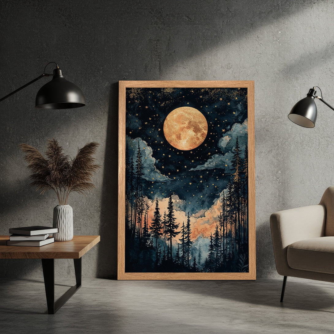 Framed Poster featuring a watercolor night forest scene with a moon. Dark blue, orange, and gold color palette. Perfect wall art.