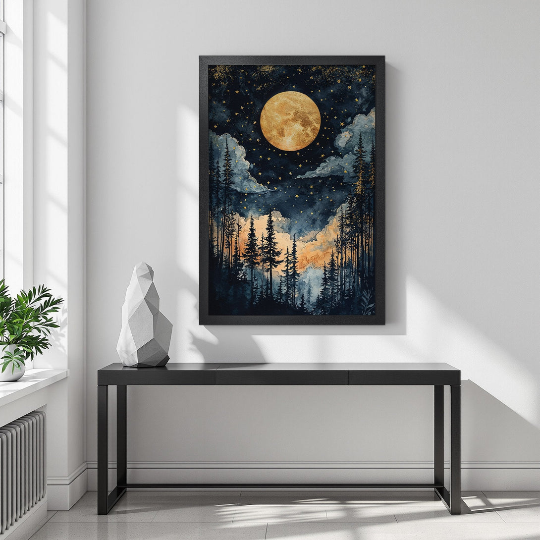 Framed Poster featuring a watercolor forest scene with a large moon, in a dark blue and gold color palette. Perfect wall art!
