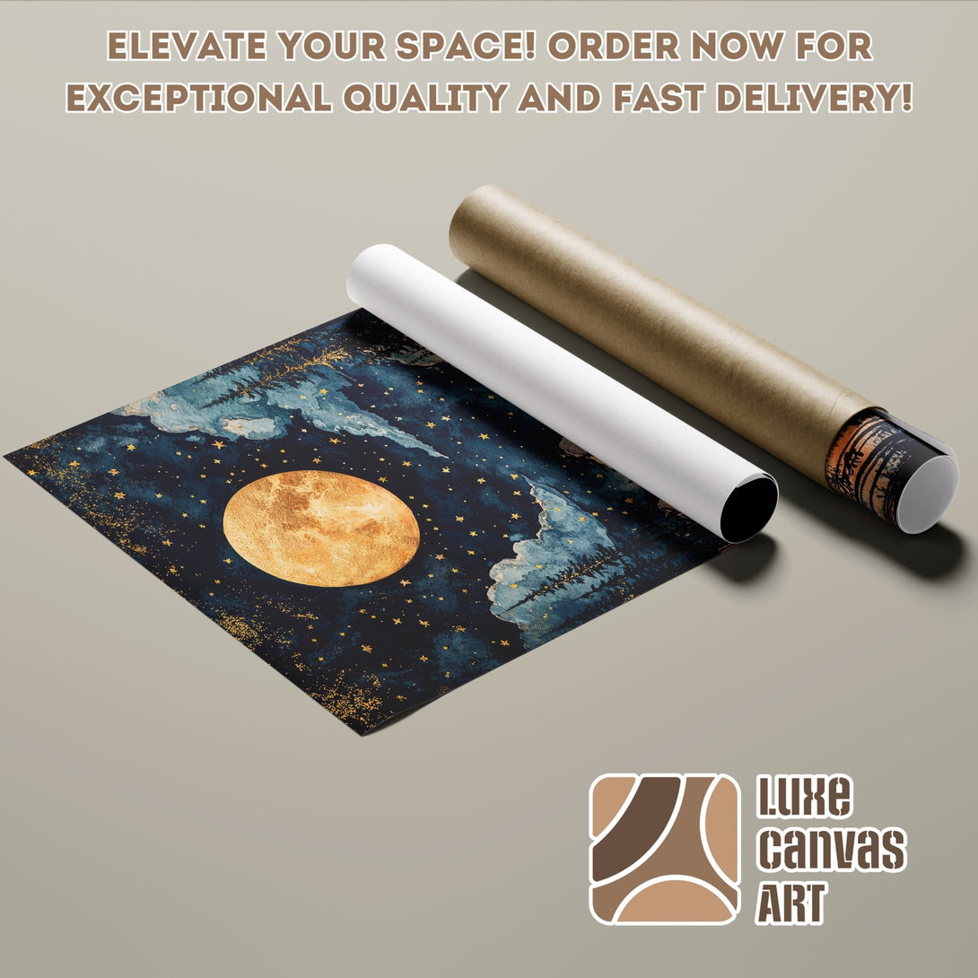 Poster Roll featuring a celestial watercolor design with a blue and gold color palette. Perfect for elevating your space!