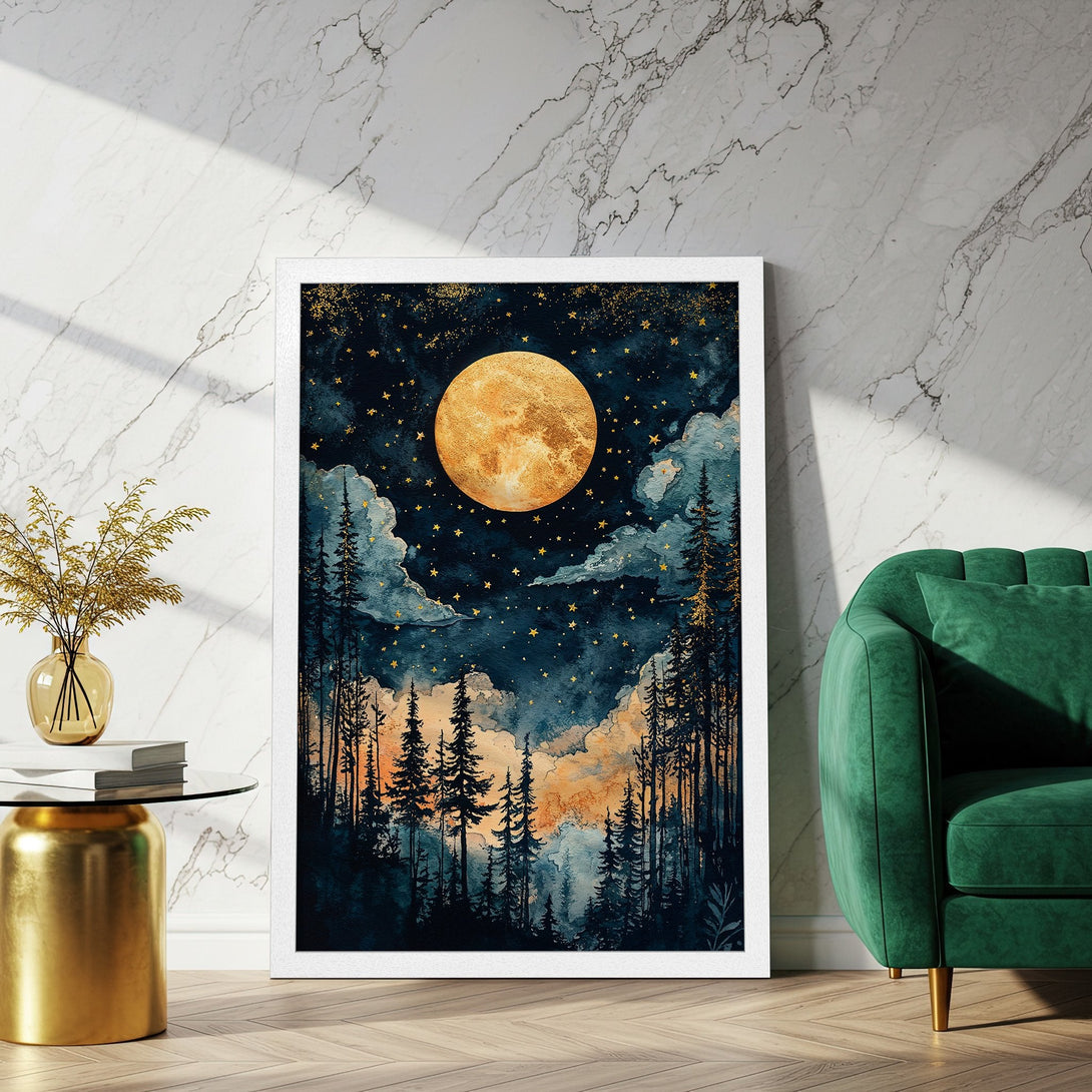 Framed Poster featuring a watercolor forest scene under a golden moon. Serene art in blue, gold, and orange hues. Perfect wall decor.