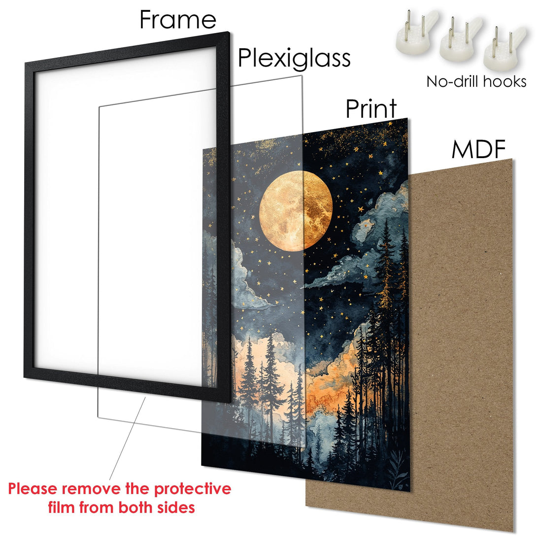 Framed Poster featuring a watercolor night scene with a moon, trees, and stars. Beautiful blue, gold, and orange color palette.