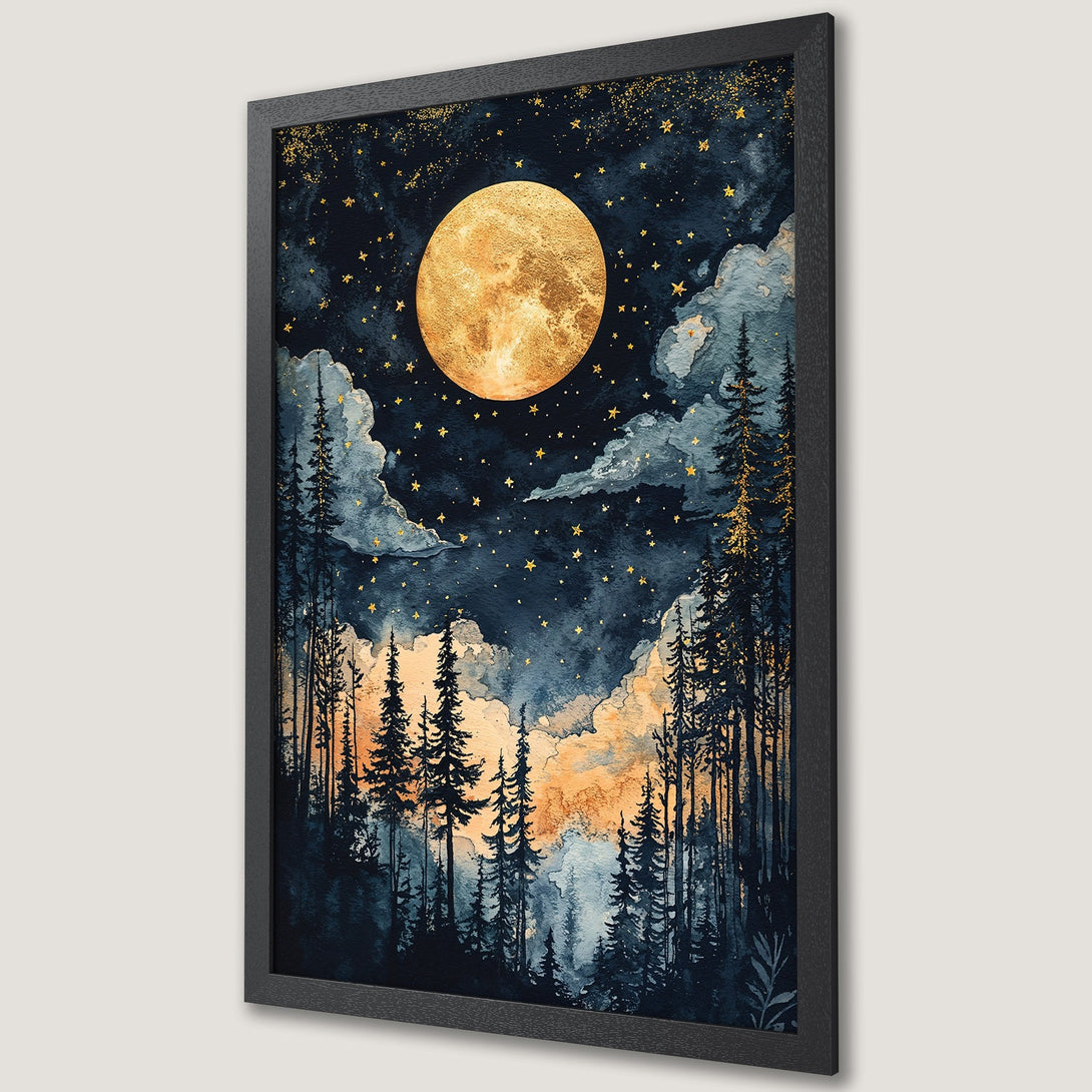 Framed Poster: Watercolor night scene with moon & forest. Dark blue, gold, and orange color palette. Perfect wall art for any room.