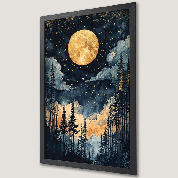 Framed Poster: Watercolor night scene with moon & forest. Dark blue, gold, and orange color palette. Perfect wall art for any room.