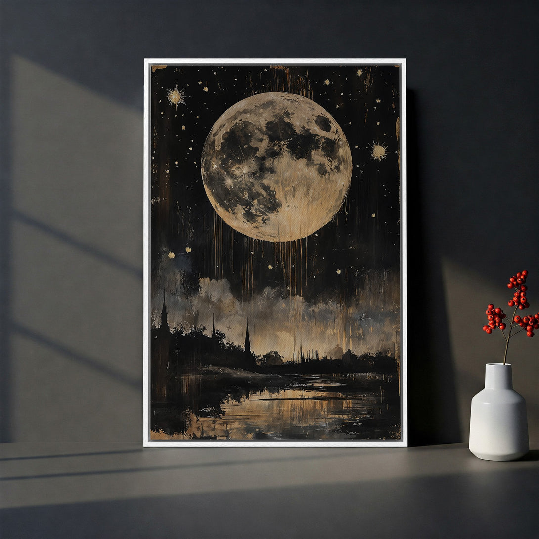 Framed Wall Art: Abstract moon art canvas print in gold and black. Modern style with a celestial theme, perfect for home decor.