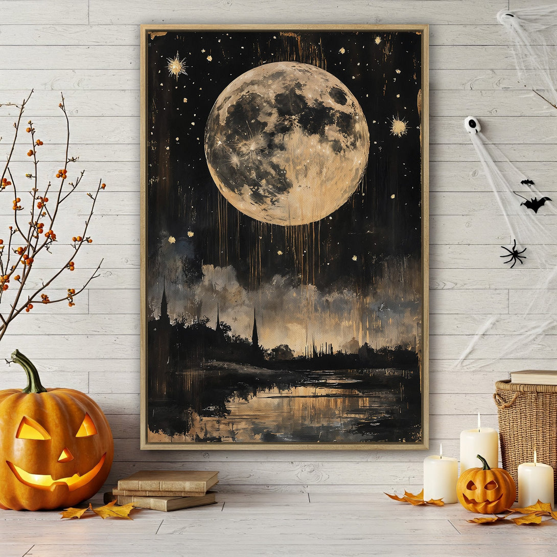 Framed Wall Art: Abstract moon art in gold and black. Perfect Halloween decor. Add a touch of spooky elegance to your space with this unique canvas print.