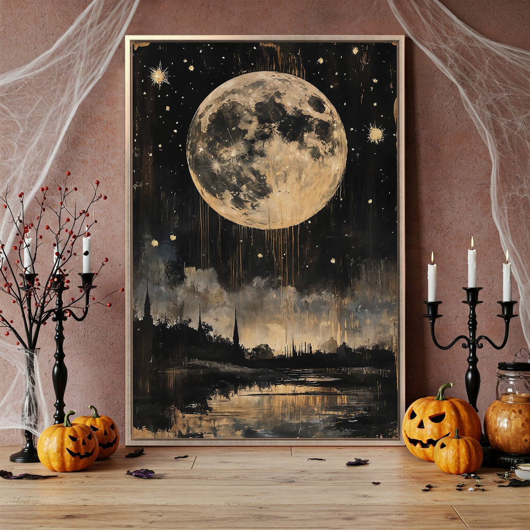 Framed Wall Art featuring a golden moon over a dark landscape. Abstract style with a black and gold color palette, perfect for Halloween decor.