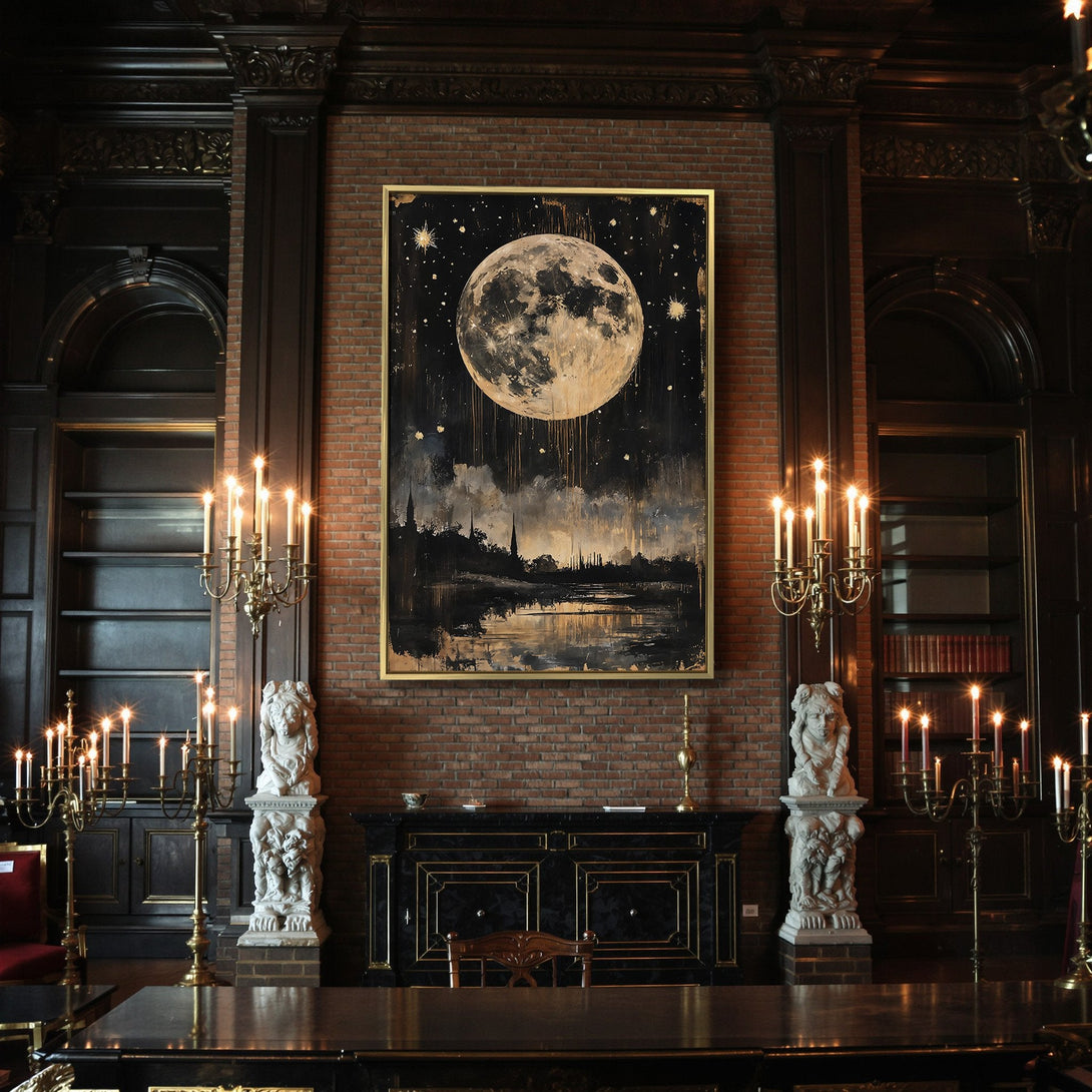 Canvas Print: Abstract moon art in gold and black. Spooky and stylish wall decor. Perfect for Halloween!