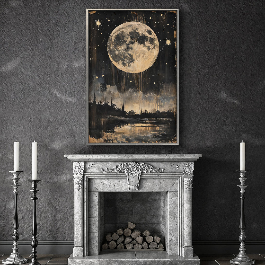 Framed Wall Art featuring a celestial moon in a gold and black abstract style. Perfect for adding an elegant touch to any interior!