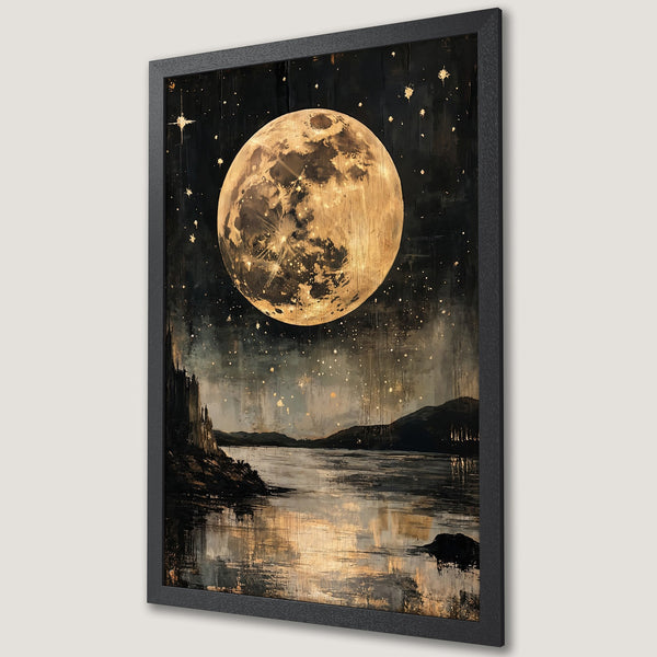 Framed Poster of a moonlit landscape. Dramatic art style with a dark, moody palette of gold, black, and gray. Perfect wall art for any room.