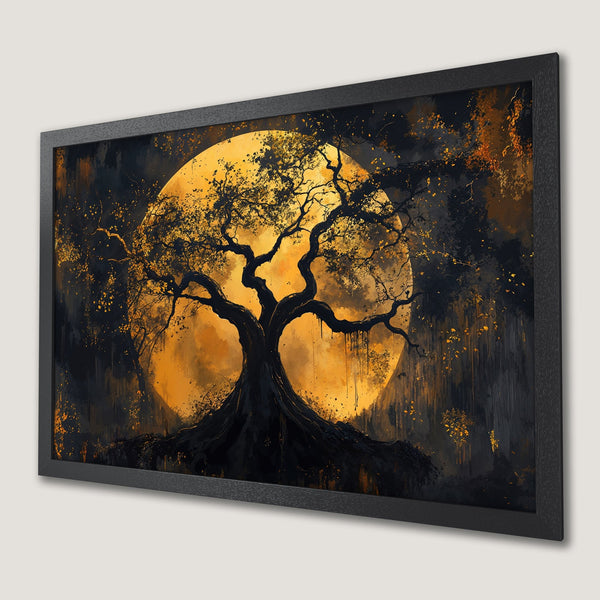 Framed Poster: Tree silhouette against a golden moon. Dark, moody art print with black and gold color palette.