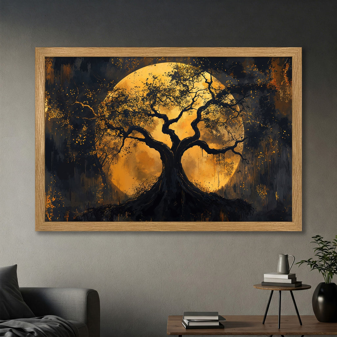 Framed Poster featuring a stylized tree silhouette against a golden moon, in a dark, moody style with a warm color palette.