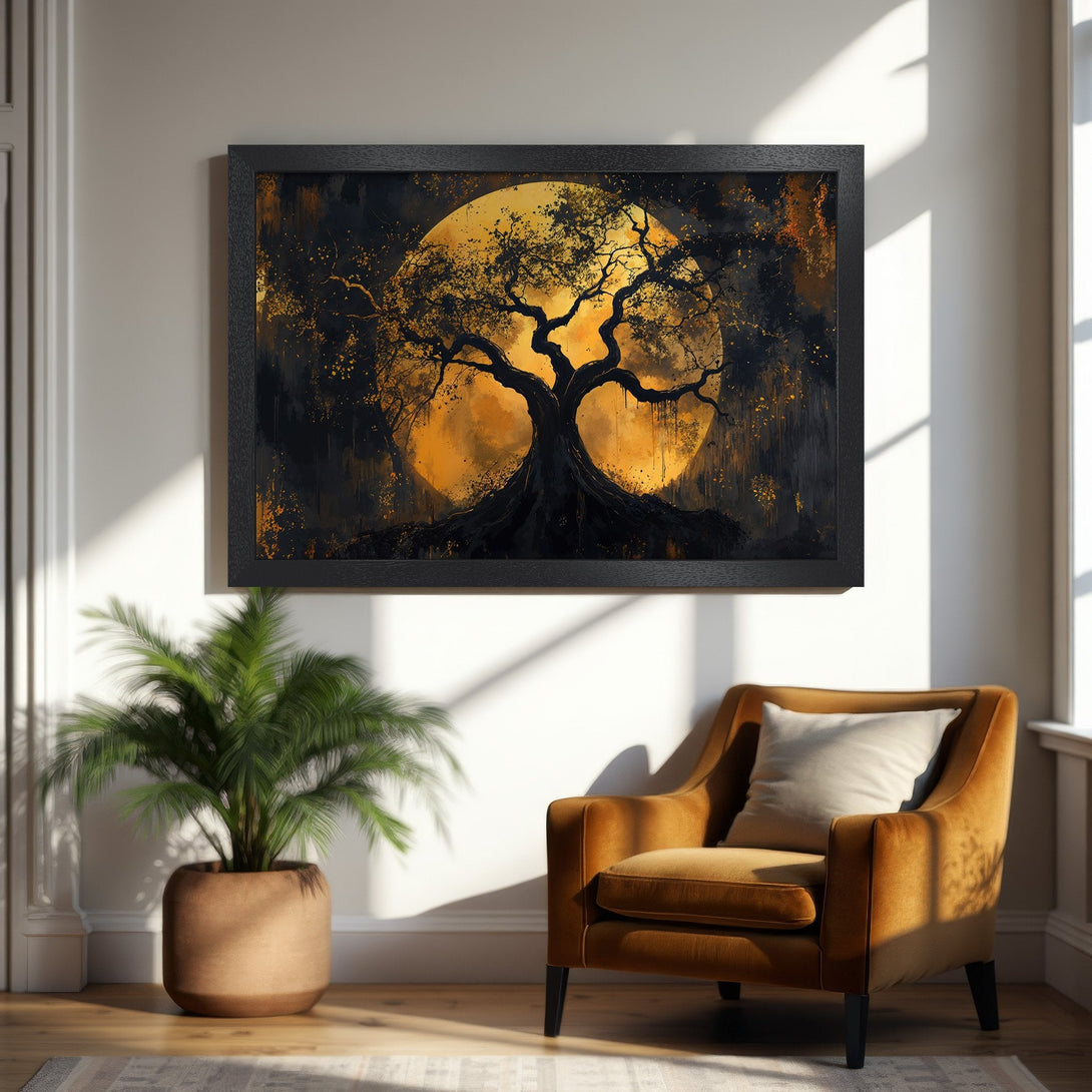 Framed Poster of tree silhouette against golden moon. Dramatic art print in black, gold, and orange. Perfect for home decor.