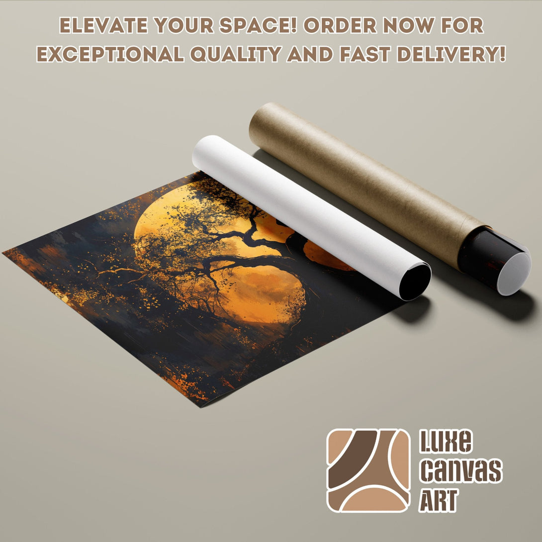 Abstract art Poster Roll with moon and tree in black, orange, and gold tones. Elevate your space!