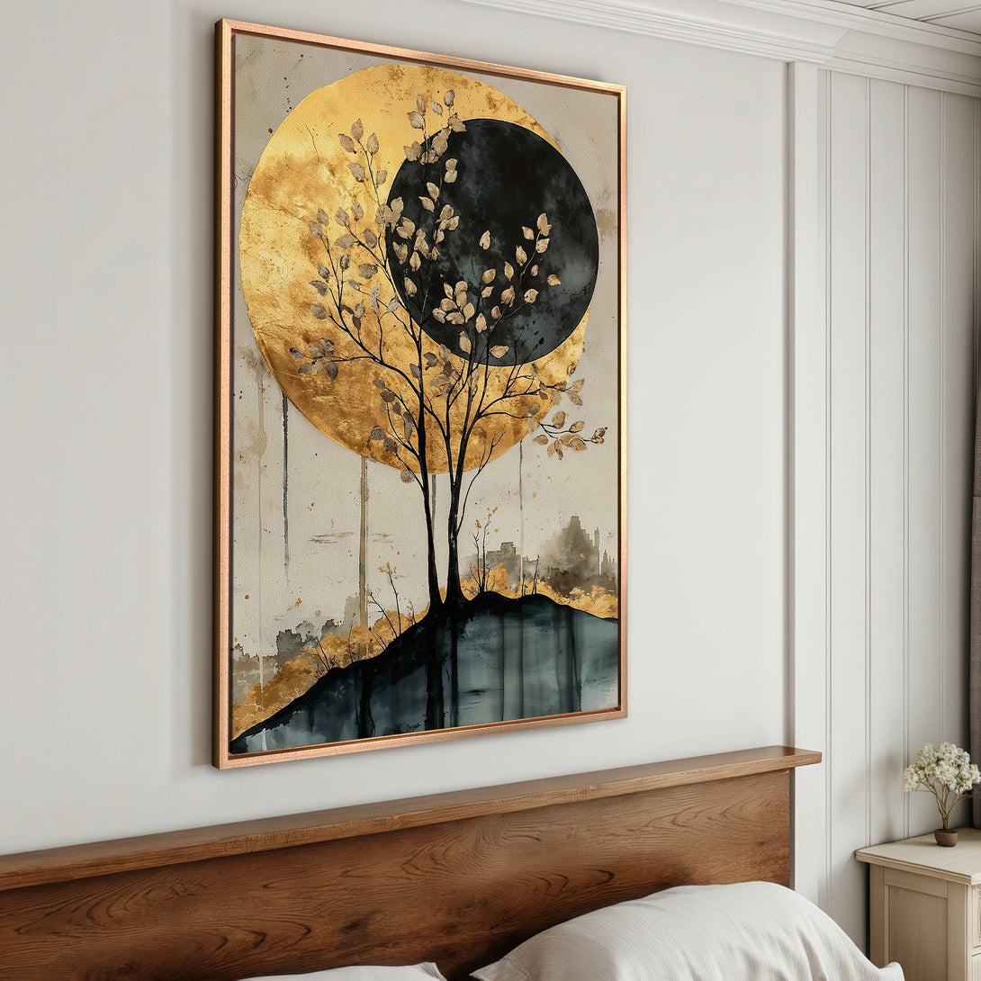 Framed Wall Art: Abstract tree art with gold and black accents. Modern canvas print for bedroom decor. Neutral color palette.