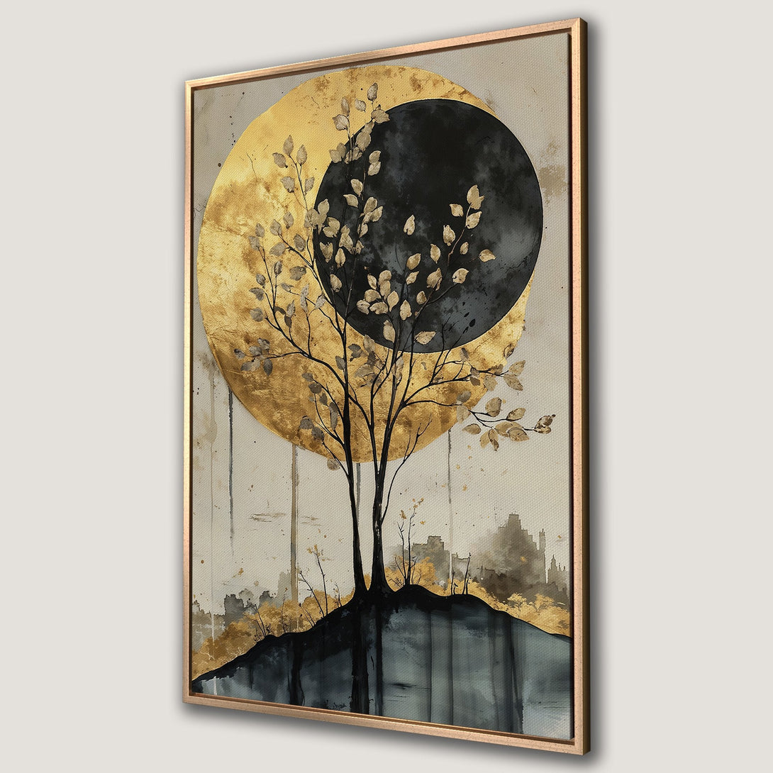 Framed Wall Art: Abstract tree art with gold, black, and neutral tones. Modern canvas print for a stylish interior. Add elegance to your space!