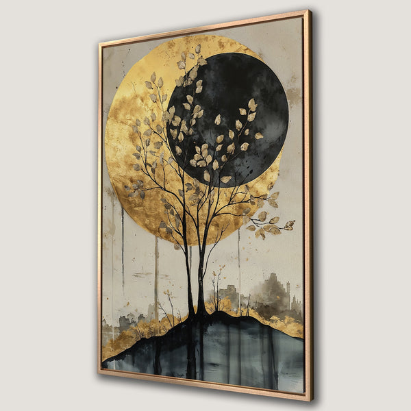 Framed Wall Art: Abstract tree art with gold, black, and neutral tones. Modern canvas print for a stylish interior. Add elegance to your space!