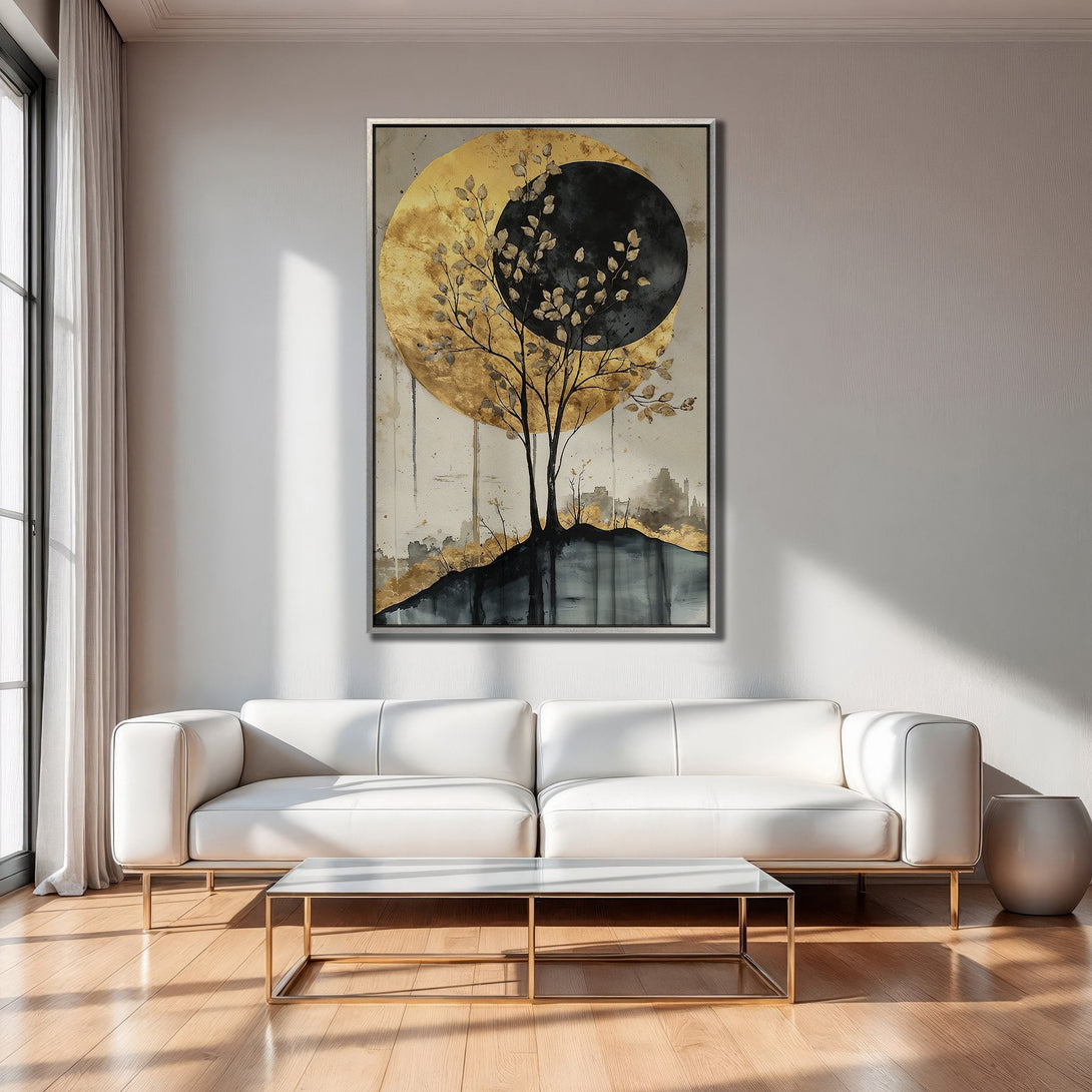 Framed Wall Art featuring an abstract tree with gold and black accents. Modern art piece with a neutral color palette, perfect for living room decor.