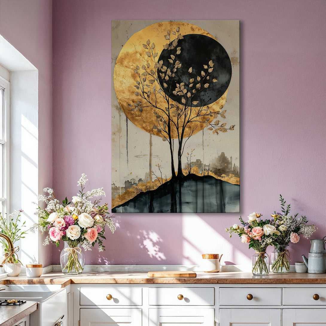 Framed Wall Art: Abstract tree art with gold and black accents. Modern Canvas Print in a neutral color palette, perfect for living room decor.