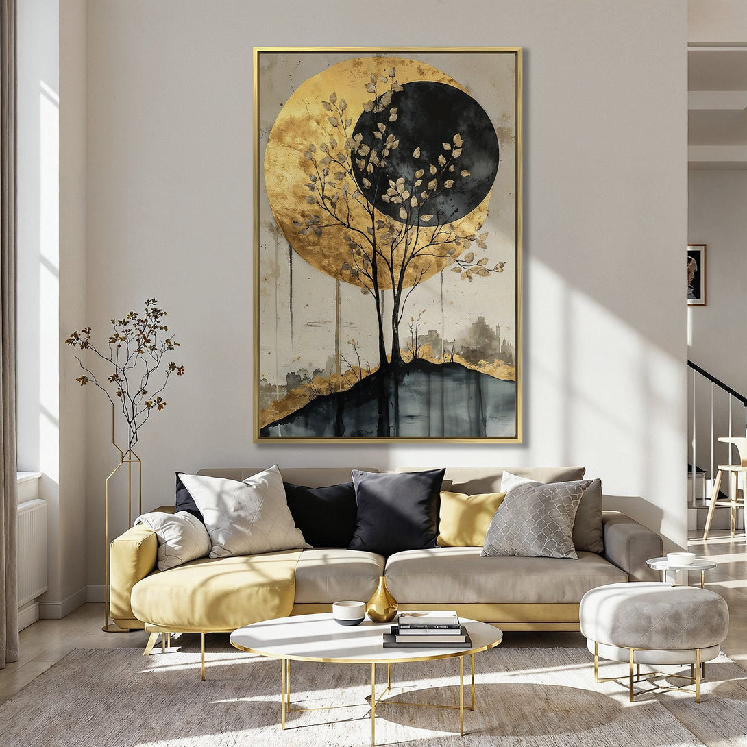Abstract Canvas Print featuring a gold and black tree design. Modern wall art with a neutral and gold color palette, perfect for home decor.