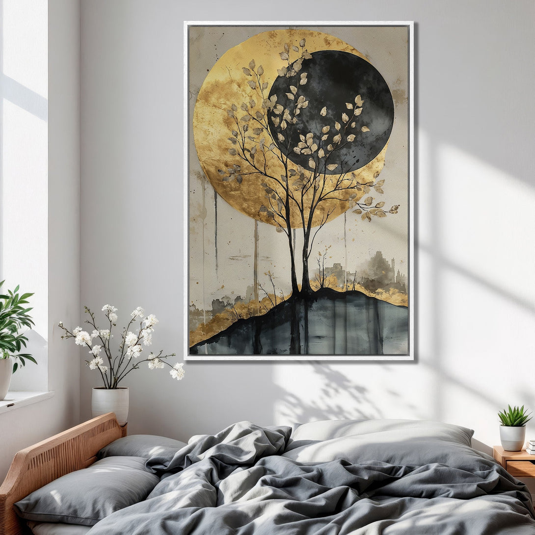 Framed Wall Art: Abstract tree art with gold and black circles. Modern Canvas Print in neutral tones for bedroom decor.