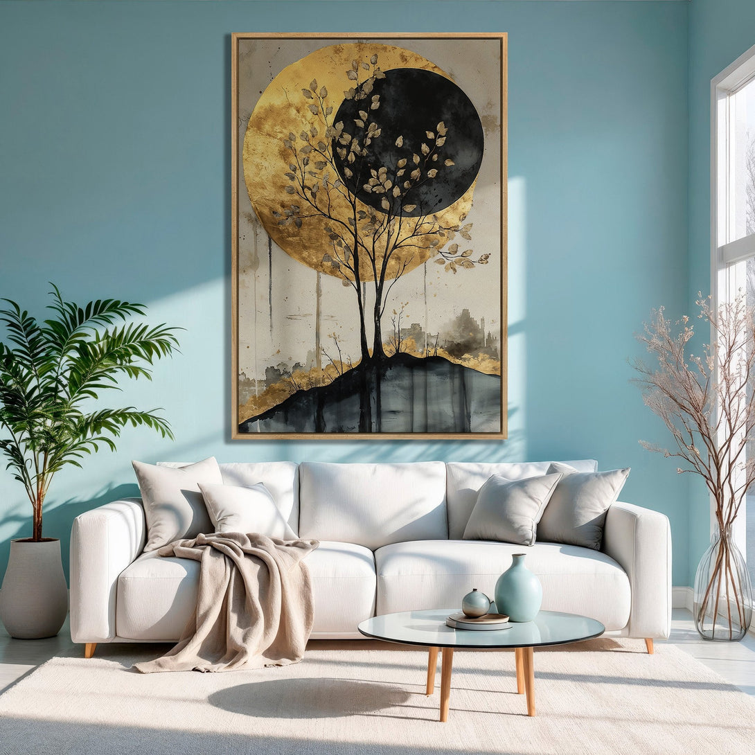 Framed Wall Art featuring an abstract tree design with gold and black accents. Modern canvas print in a neutral and gold color palette, perfect for any living room.