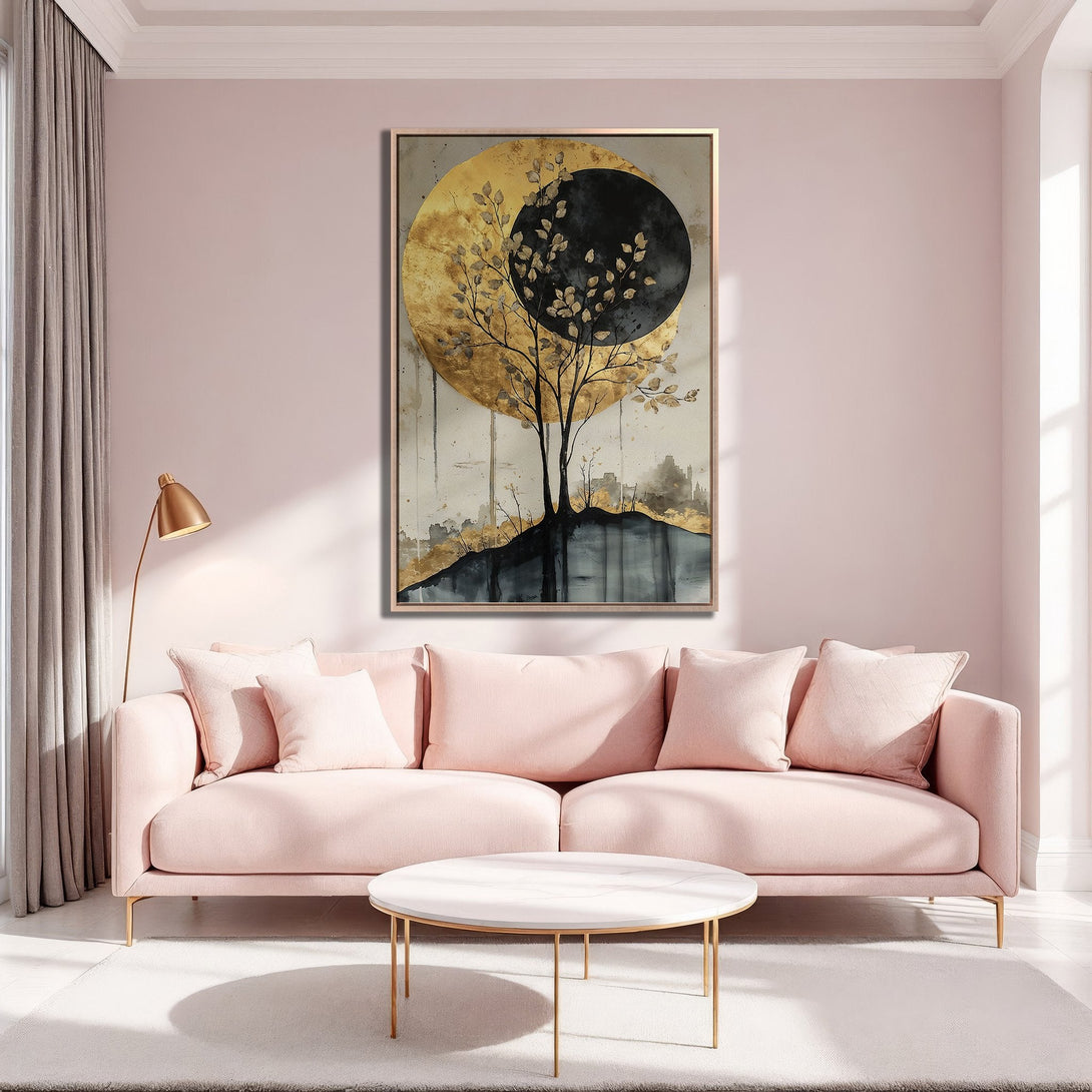 Framed Wall Art featuring an abstract tree design with gold and black accents, displayed in a modern living room with a blush pink color palette.