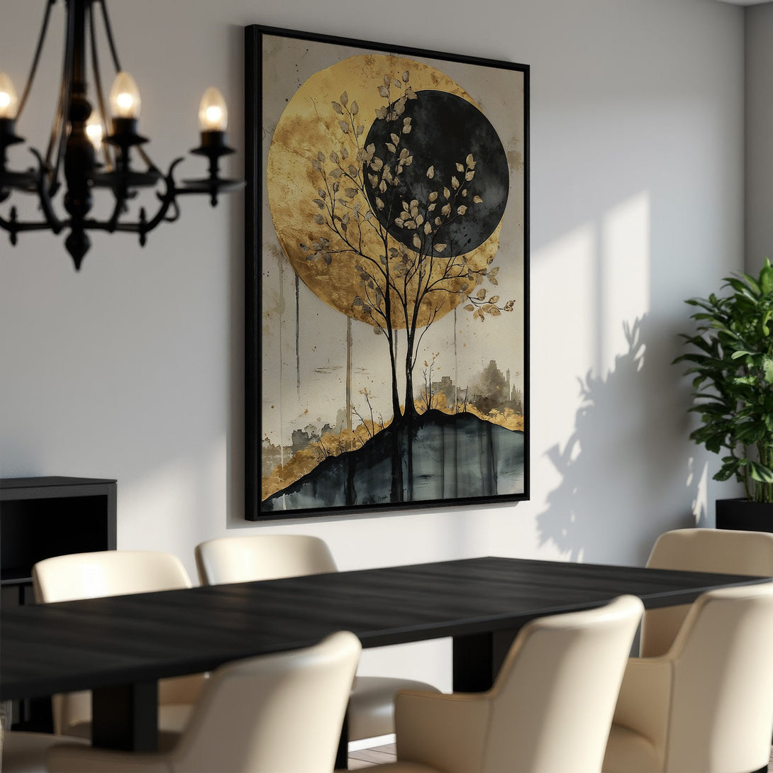 Framed Wall Art featuring a tree silhouette against a gold and black celestial background. Modern abstract art in a neutral color palette, perfect for dining room decor.