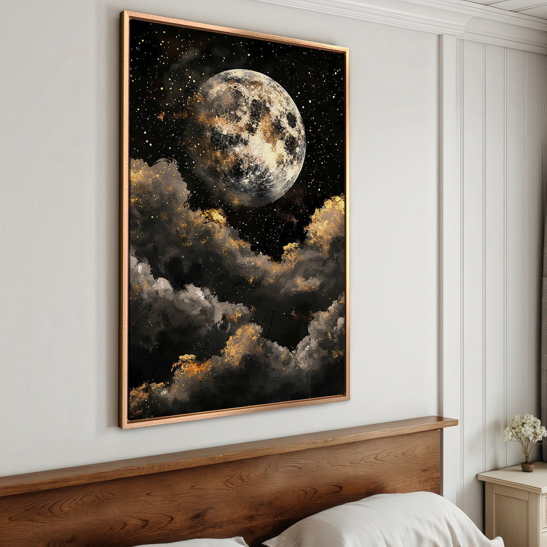 Framed Wall Art: Abstract moon and cloudscape in black, gold, and gray tones. Modern art canvas print for bedroom decor.