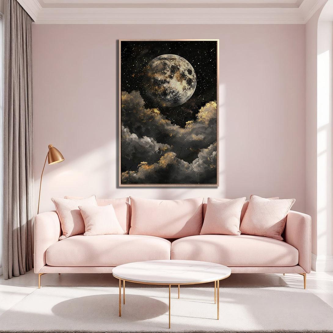 Framed Wall Art: Stunning moon and cloud Canvas Print in a modern interior. Black, gold, and blush color palette. Elevate your space with celestial art.