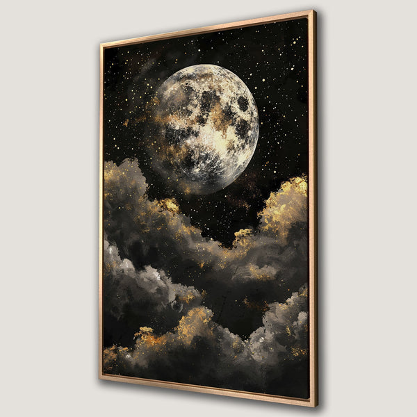 Framed Wall Art: Stunning moon and cloud art print in a modern style. Features a black, gold, and white color palette, perfect for celestial decor.