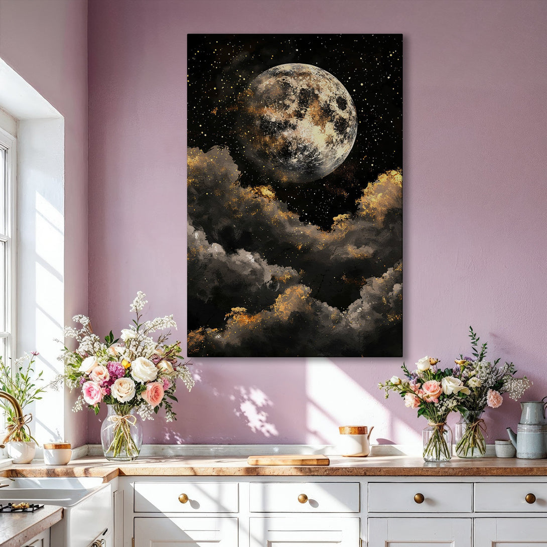 Framed Wall Art: Abstract moon and cloud painting in a modern interior. Features a dark, gold, and gray color palette. Perfect for adding elegance to your space.