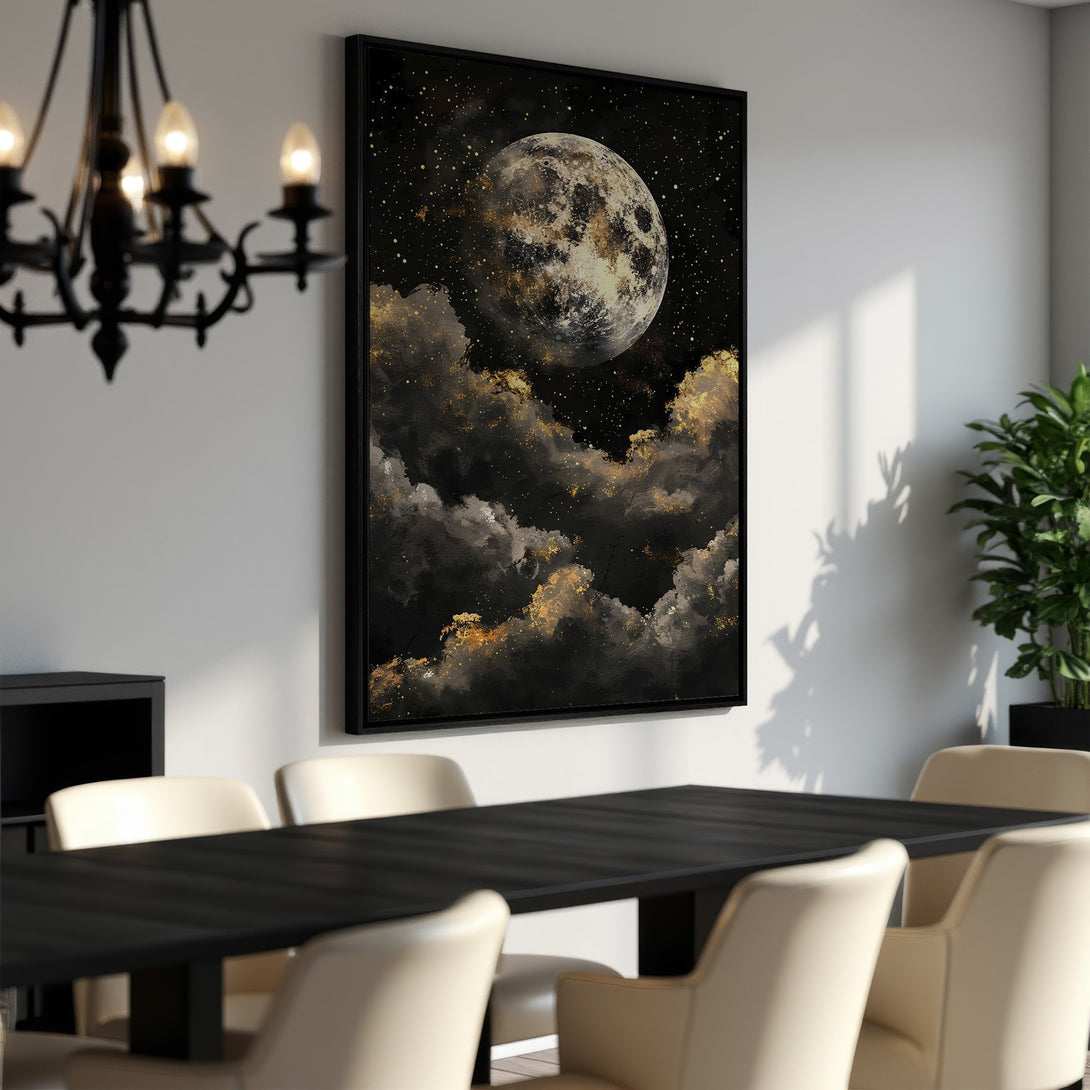 Framed Wall Art: Dramatic moon and cloudscape in black, gold, and gray tones. Modern art canvas print for a sophisticated interior.