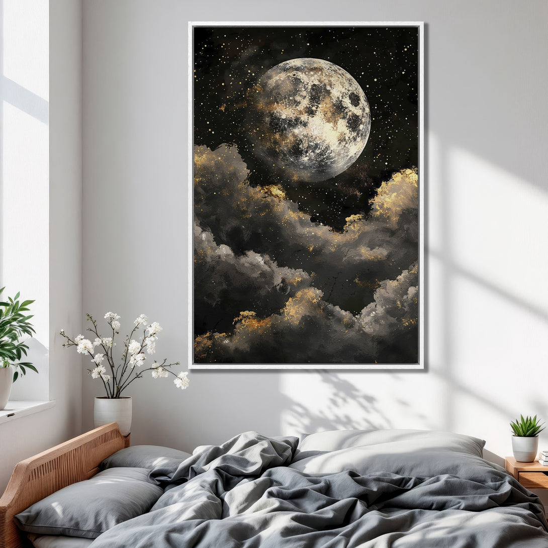 Framed Wall Art featuring a celestial moon and cloudscape in a modern style, with a black, gold, and grey color palette. Perfect for bedroom decor.