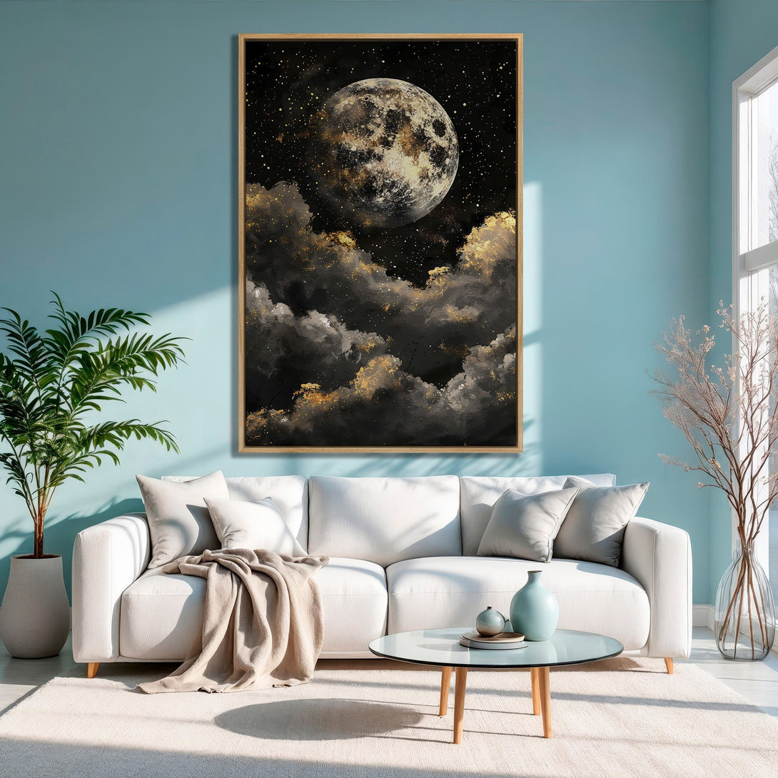 Framed Wall Art: Dramatic moon and cloudscape canvas print in black, gold, and gray. Modern artwork for living room decor.