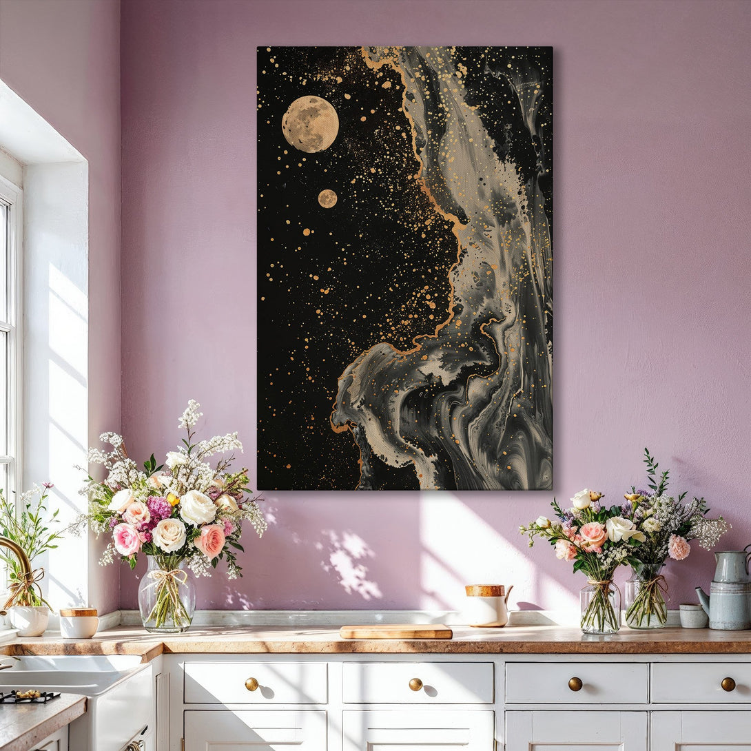 Framed Wall Art: Abstract black & gold art print, modern style. Adds a touch of luxury to any interior. Perfect for living rooms and bedrooms.