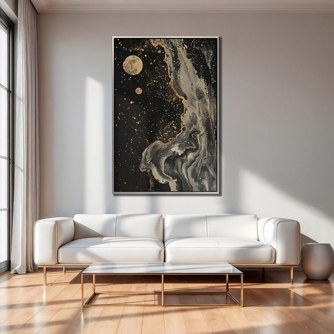 Framed Wall Art: Abstract moon and galaxy design in black, gold, and white. Modern art for living room decor.