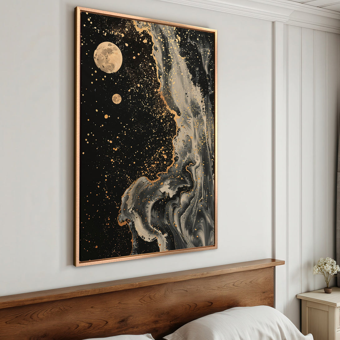 Framed Wall Art: Abstract galaxy design with gold accents. Modern black, white, and gold canvas print. Elevate your space with this stunning artwork.