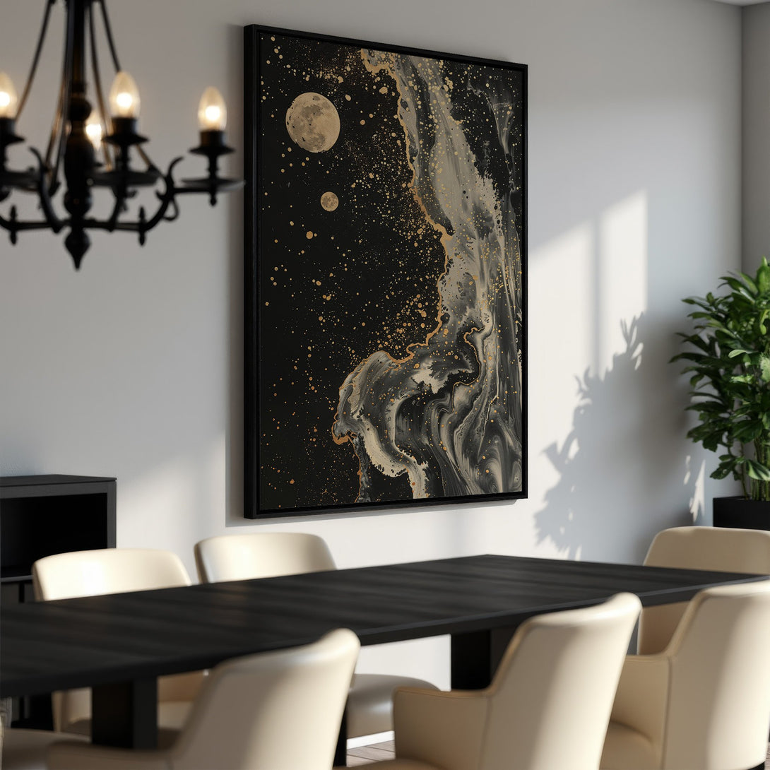 Framed Wall Art featuring an abstract celestial design in black, gold, and gray. Modern art canvas print perfect for dining room decor.