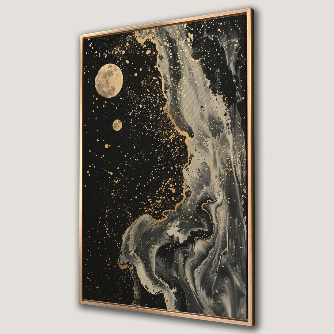 Framed Wall Art: Abstract space-themed canvas print in black, gold, and gray. Modern art with moon and stars, perfect for home decor.