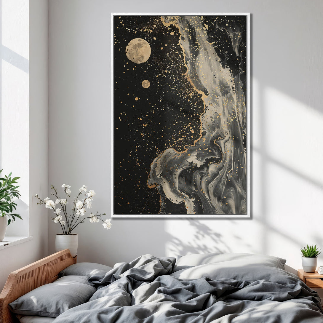 Framed Wall Art: Abstract celestial art in black, gold, and white. Modern canvas print adds a touch of luxury to any bedroom or living space.