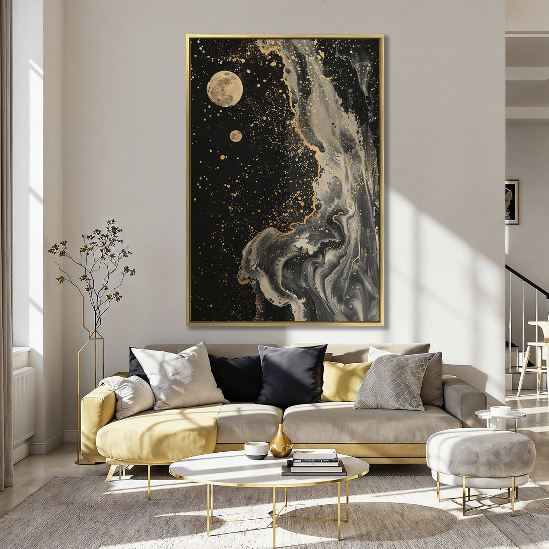 Abstract Canvas Print with a black, gold, and white color palette. Features a celestial design with moons, perfect for modern home decor.