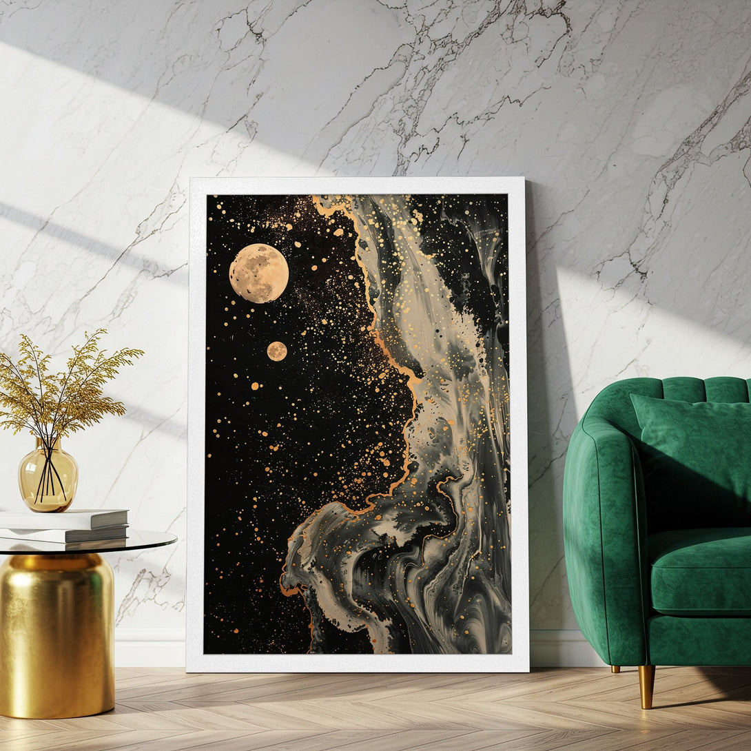Framed Poster featuring a cosmic abstract art piece with moons. Black, gold, and neutral color palette. Perfect wall decor for any room.