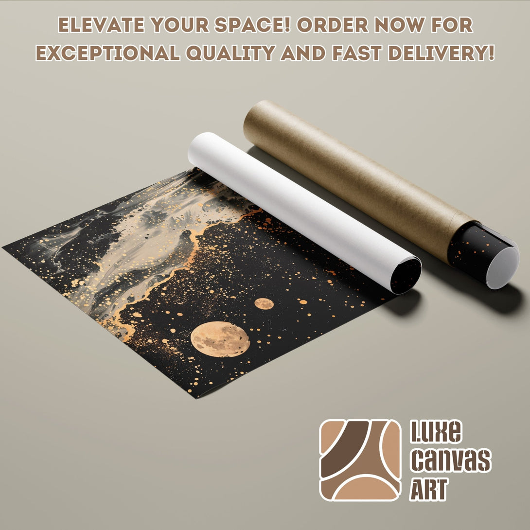 Abstract space-themed Poster Roll art in black, gold, and beige. Elevate your decor with this stunning print!
