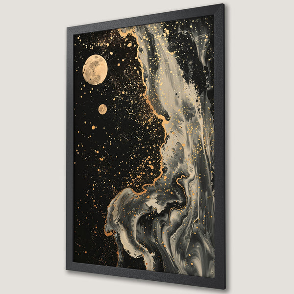 Framed Poster featuring a celestial abstract design with moons, gold accents, and a black, white, and gold color palette.