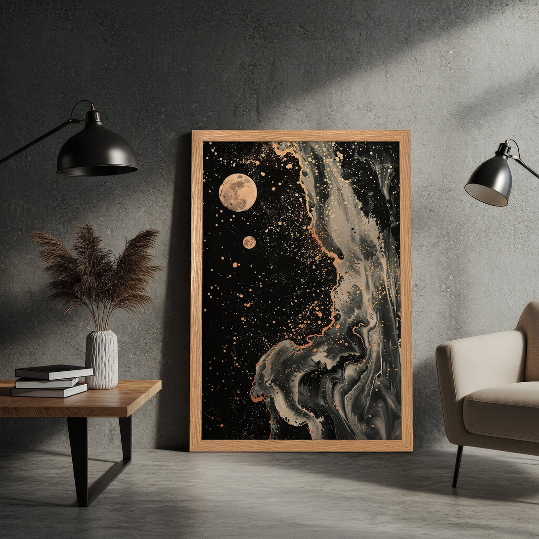 Framed Poster featuring abstract art with a black, gold, and beige color palette. Modern art print for home decor.