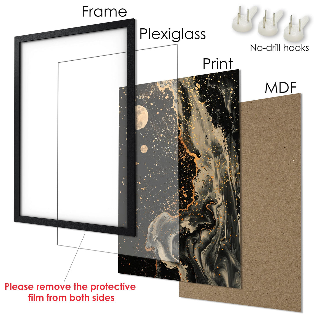 Framed Poster featuring abstract art with a black, gold, and gray color palette. Modern art print ready to hang.