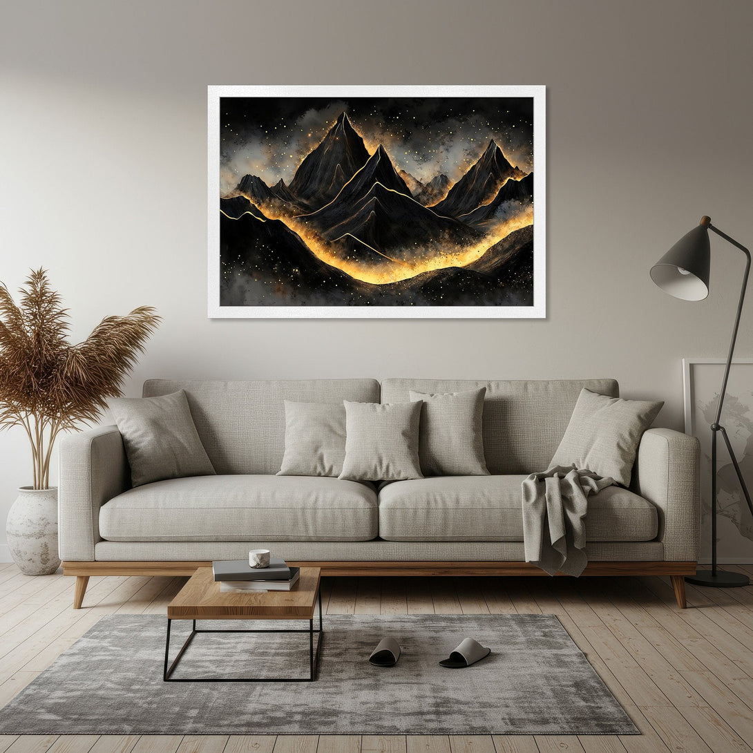 Framed Poster featuring abstract mountains in black and gold, perfect for modern home decor.