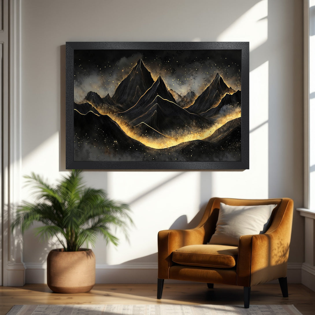 Framed Poster featuring abstract mountain art in black and gold. Modern style, perfect for home decor.
