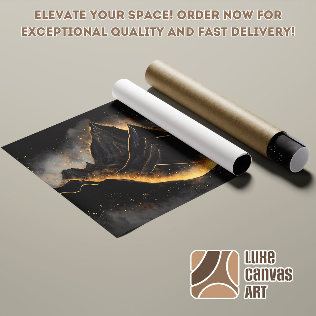 Abstract art poster roll in black, gold, and neutral tones. Elevate your space with Luxe Canvas Art!