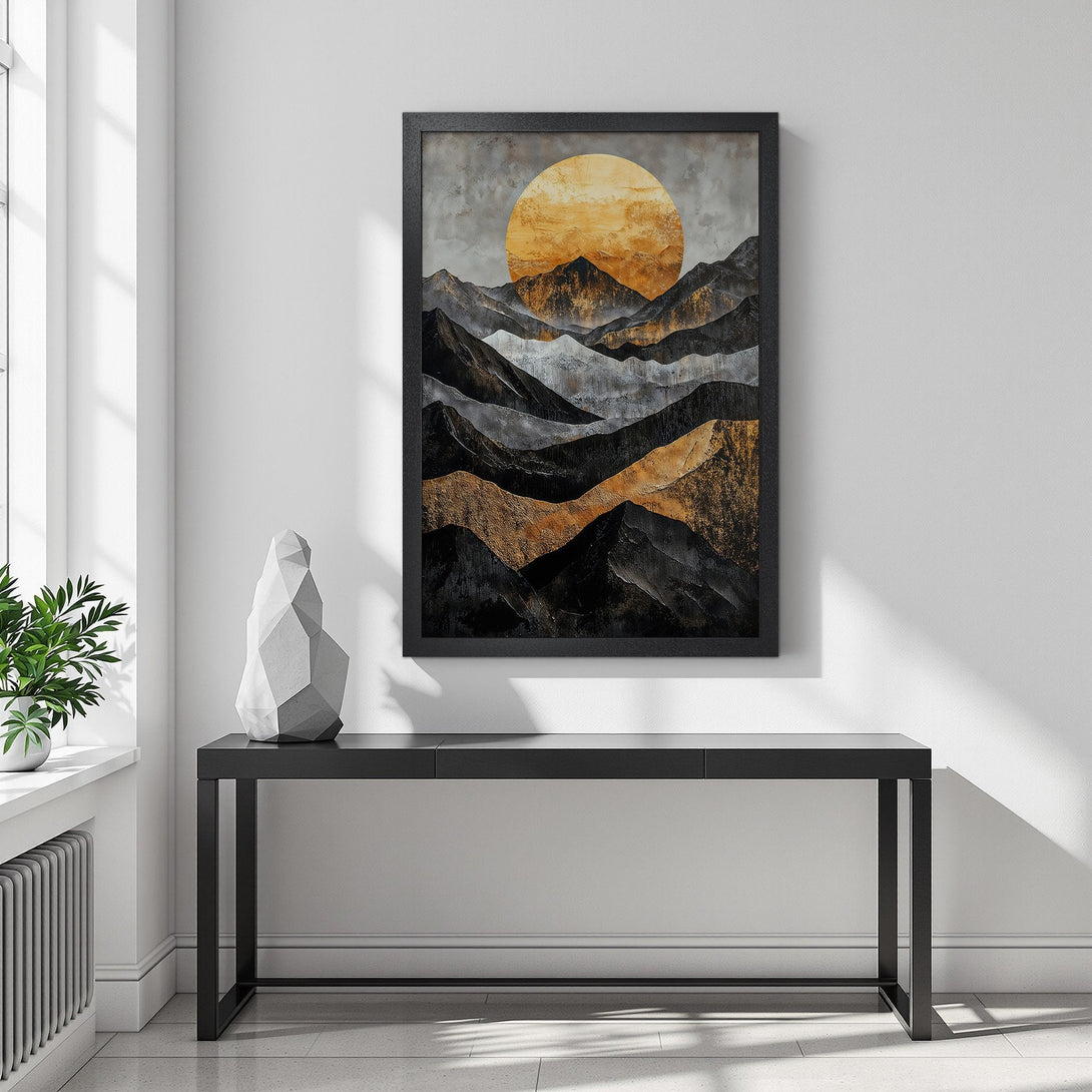 Framed Poster featuring abstract mountain landscape art in gold, gray, and black. Modern wall decor for a stylish home.